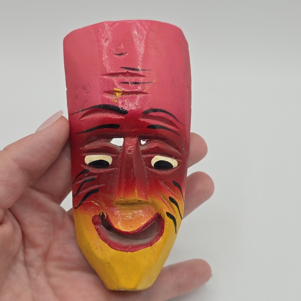 Vtg Miniature Wooden Hand‎ Carved Painted Red Yellow Unusual creepy Mask